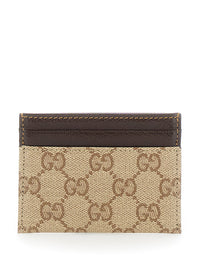 Gucci Men Beige Cardholder With Contrasting Stitching In Gg Supreme Canvas And Leather For Men