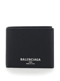 Balenciaga Men Black Leather Logo Lettering Bifold Wallet For Men