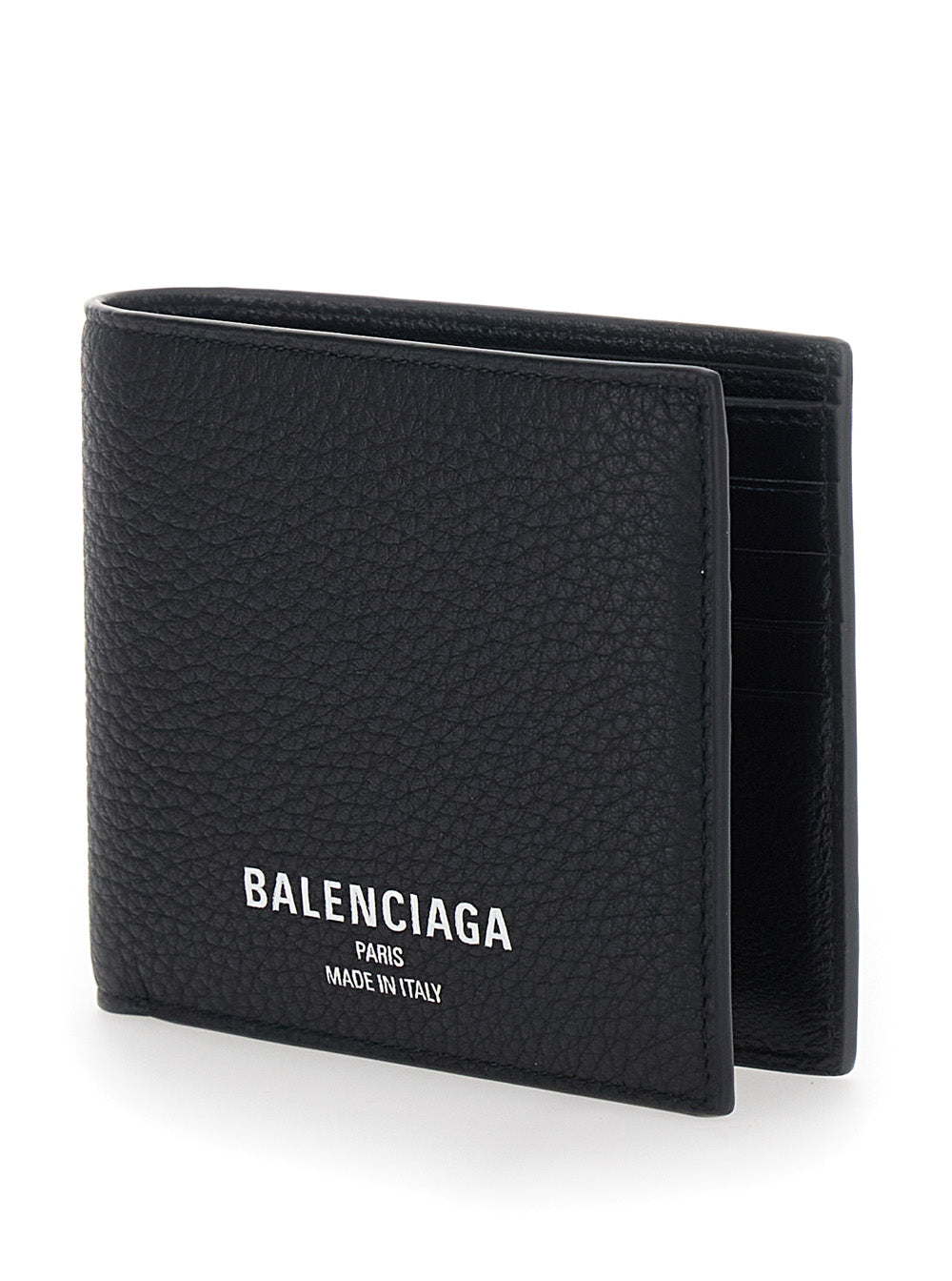Balenciaga Men Black Leather Logo Lettering Bifold Wallet For Men