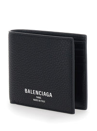 Balenciaga Men Black Leather Logo Lettering Bifold Wallet For Men