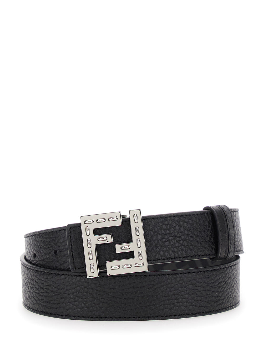Fendi Men Belt With Ff Logo Plate In Metallic And Black Grained Leather For Men
