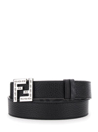 Fendi Men Belt With Ff Logo Plate In Metallic And Black Grained Leather For Men
