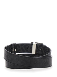 Fendi Men Belt With Ff Logo Plate In Metallic And Black Grained Leather For Men
