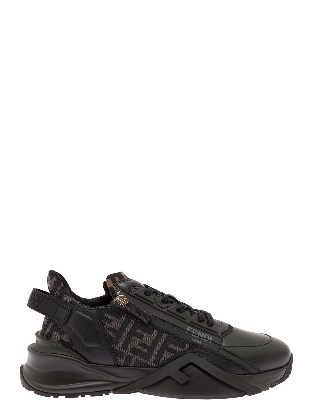 Fendi Men Sneaker 'Fendi Flow' With Ff Logo And Zip Detail On The Side In Black Leather Men