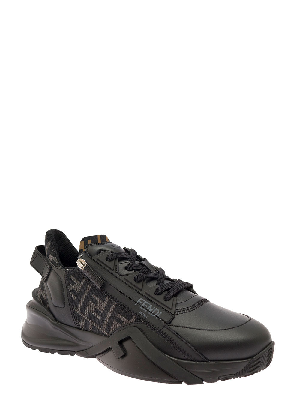 Fendi Men Sneaker 'Fendi Flow' With Ff Logo And Zip Detail On The Side In Black Leather Men