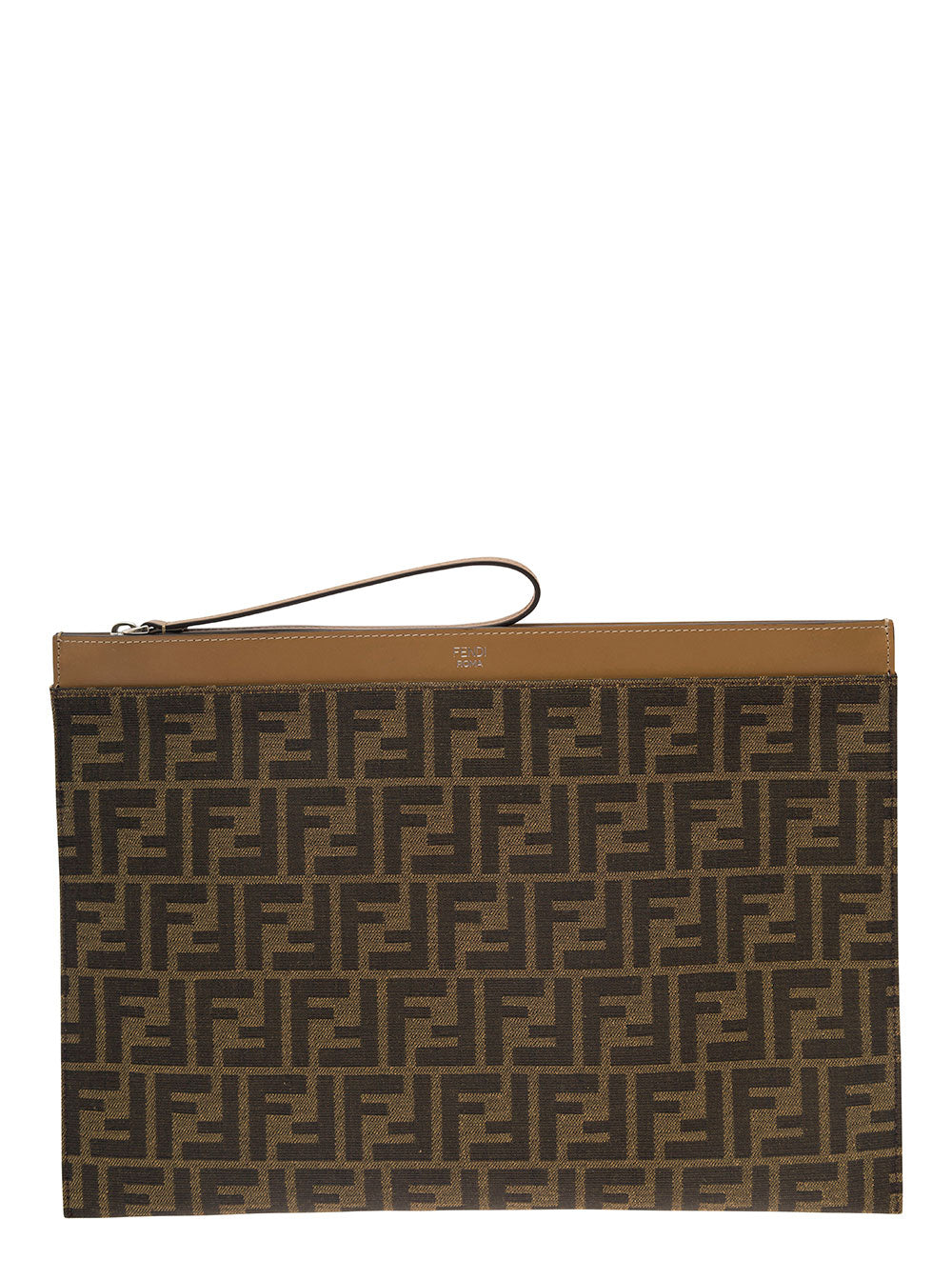 Fendi Men Flat Pouch With Jacquard Motif In Brown Cotton Blend For Men
