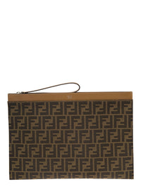 Fendi Men Flat Pouch With Jacquard Motif In Brown Cotton Blend For Men