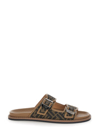 FENDI Fendi Men Brown Leather 'Fendi Feel' Ff Print Sandal For Men
