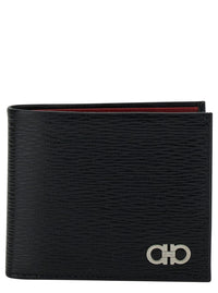 Ferragamo Men Wallet 'Revival' Gancini With Double Hook In Grained Black Leather For Men