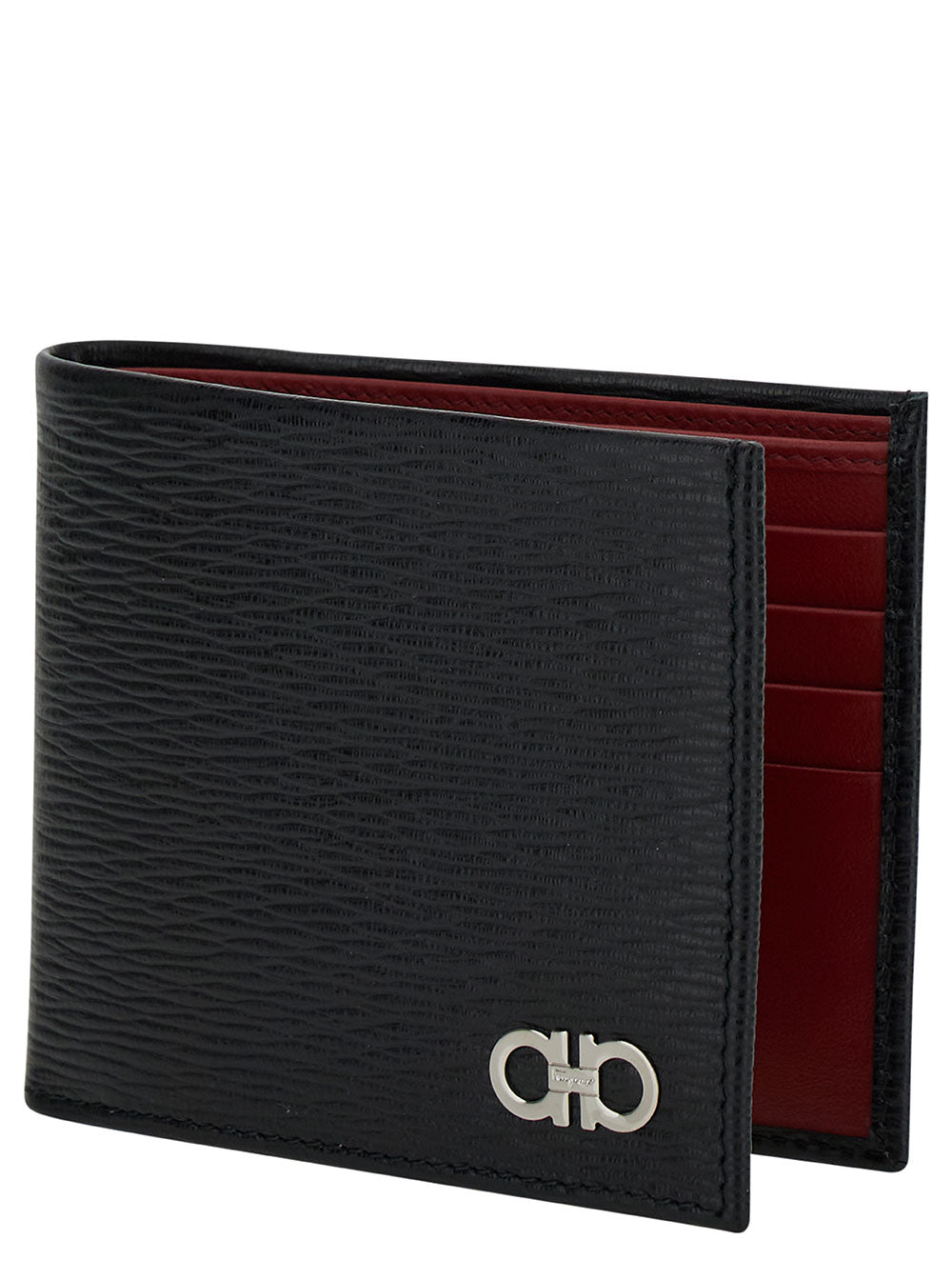 Ferragamo Men Wallet 'Revival' Gancini With Double Hook In Grained Black Leather For Men