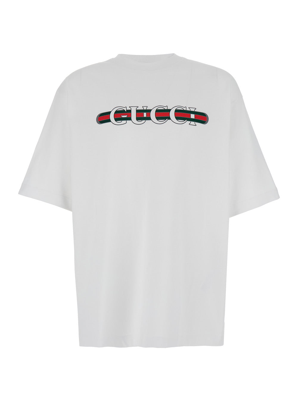 Gucci Men Crew Neck T-Shirt With Gucci And Web Print In White Cotton For Men