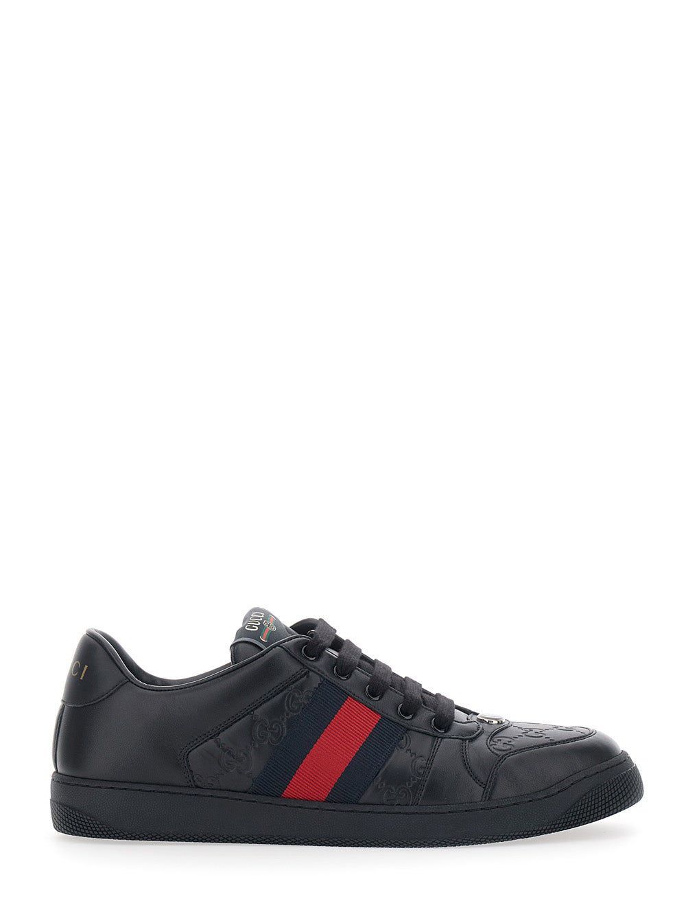 Gucci Men Sneaker 'Screener' Low Top With Web Detail On The Side And Gg Motif In Relief In Black Leather Men