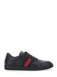 Gucci Men Sneaker 'Screener' Low Top With Web Detail On The Side And Gg Motif In Relief In Black Leather Men