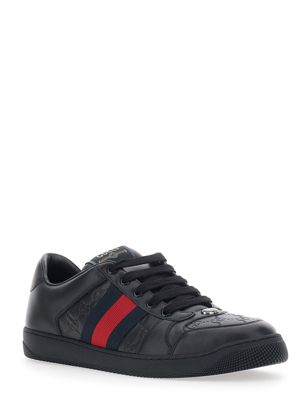 Gucci Men Sneaker 'Screener' Low Top With Web Detail On The Side And Gg Motif In Relief In Black Leather Men