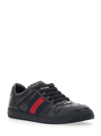 Gucci Men Sneaker 'Screener' Low Top With Web Detail On The Side And Gg Motif In Relief In Black Leather Men