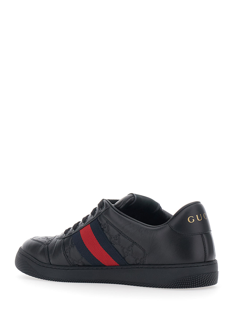 Gucci Men Sneaker 'Screener' Low Top With Web Detail On The Side And Gg Motif In Relief In Black Leather Men