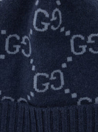 Gucci Men Hat "Gg All-Over" Blue With Cashmere Cuff Men