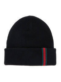 Gucci Men Hat With Ribbed Work And Web Detail On The Front In Black Wool For Men