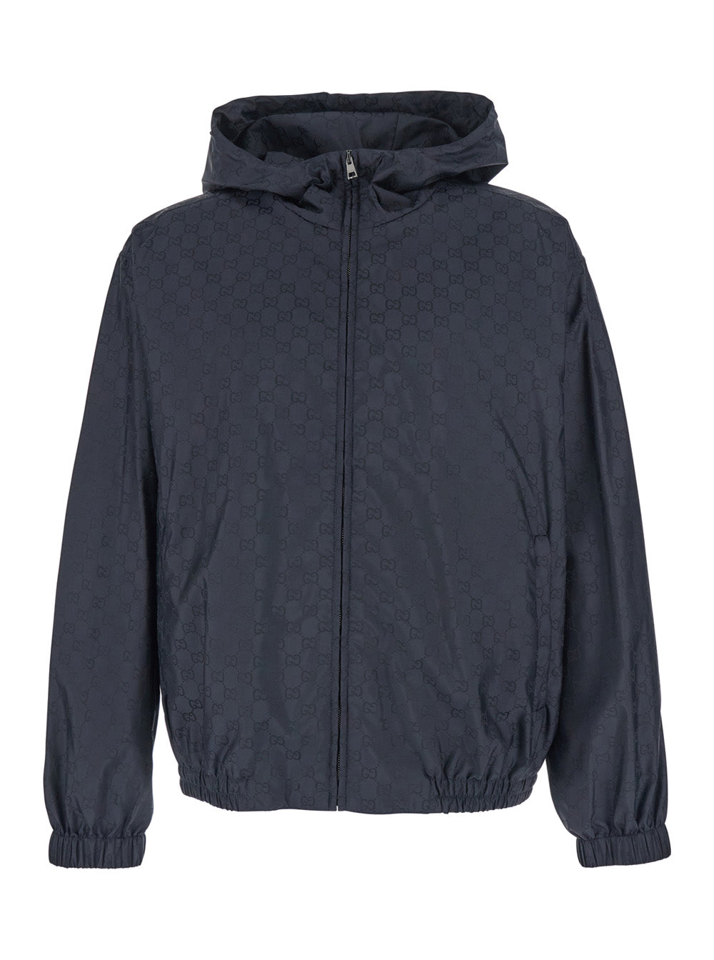 Gucci Men Blue Jacket With Fixed Hood And Gg All-Over Motif In Tech Fabric For Men