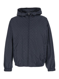 Gucci Men Blue Jacket With Fixed Hood And Gg All-Over Motif In Tech Fabric For Men