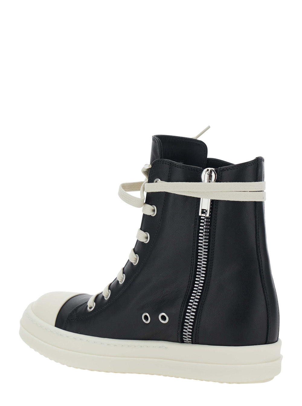 Rick Owens Women Black Sneakers With Oversized Decorative Laces And Zip Closure On The Side In Leather For Women