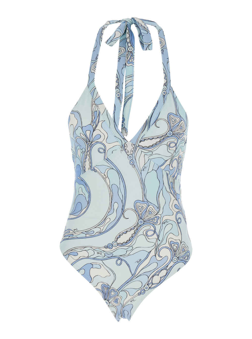 Pucci Women Light Blue Swimsuit With Halterneck Tie Closure And All-Over Orchidea Print In Stretch Tech Fabric For Women