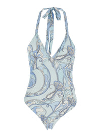 Pucci Women Light Blue Swimsuit With Halterneck Tie Closure And All-Over Orchidea Print In Stretch Tech Fabric For Women