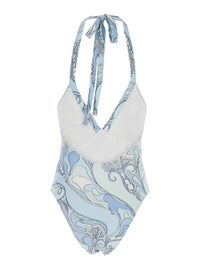 Pucci Women Light Blue Swimsuit With Halterneck Tie Closure And All-Over Orchidea Print In Stretch Tech Fabric For Women
