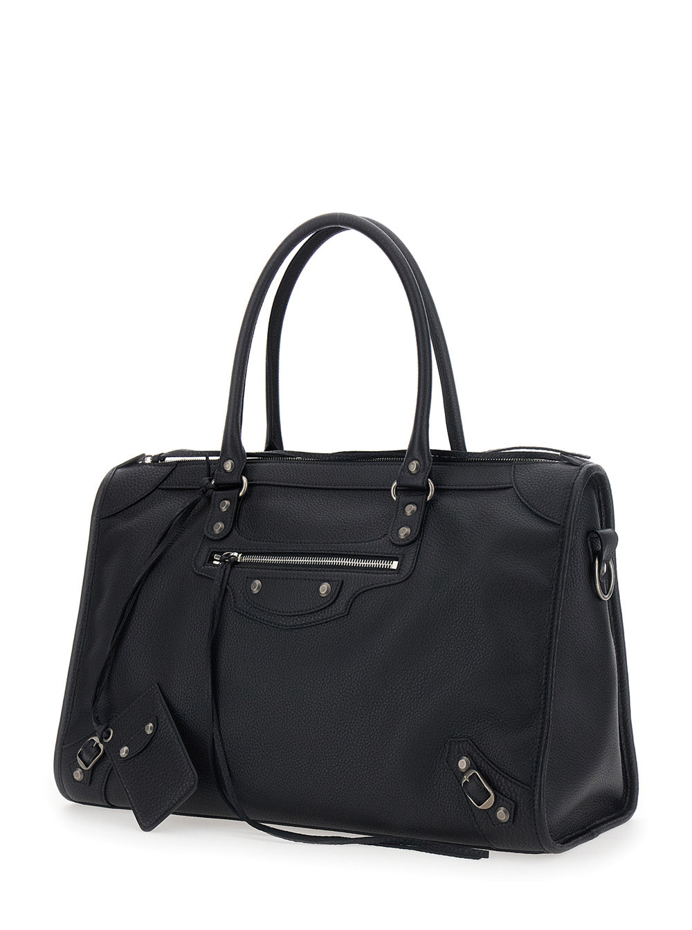 Balenciaga Men Handbag 'Le City' Large With Adjustable And Removable Shoulder Strap And Zip Pocket On The Front In Grained Black Leather For Men