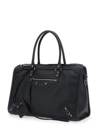 Balenciaga Men Handbag 'Le City' Large With Adjustable And Removable Shoulder Strap And Zip Pocket On The Front In Grained Black Leather For Men