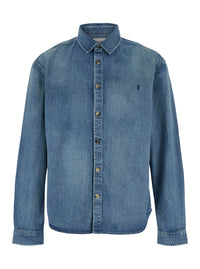 Saint Laurent Men Shirt With Classic Collar And Cassandre Embroidery On The Front In Light Blue Denim For Men