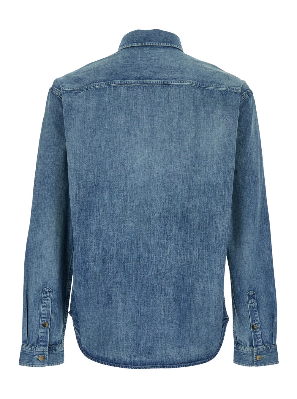 Saint Laurent Men Shirt With Classic Collar And Cassandre Embroidery On The Front In Light Blue Denim For Men
