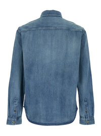 Saint Laurent Men Shirt With Classic Collar And Cassandre Embroidery On The Front In Light Blue Denim For Men