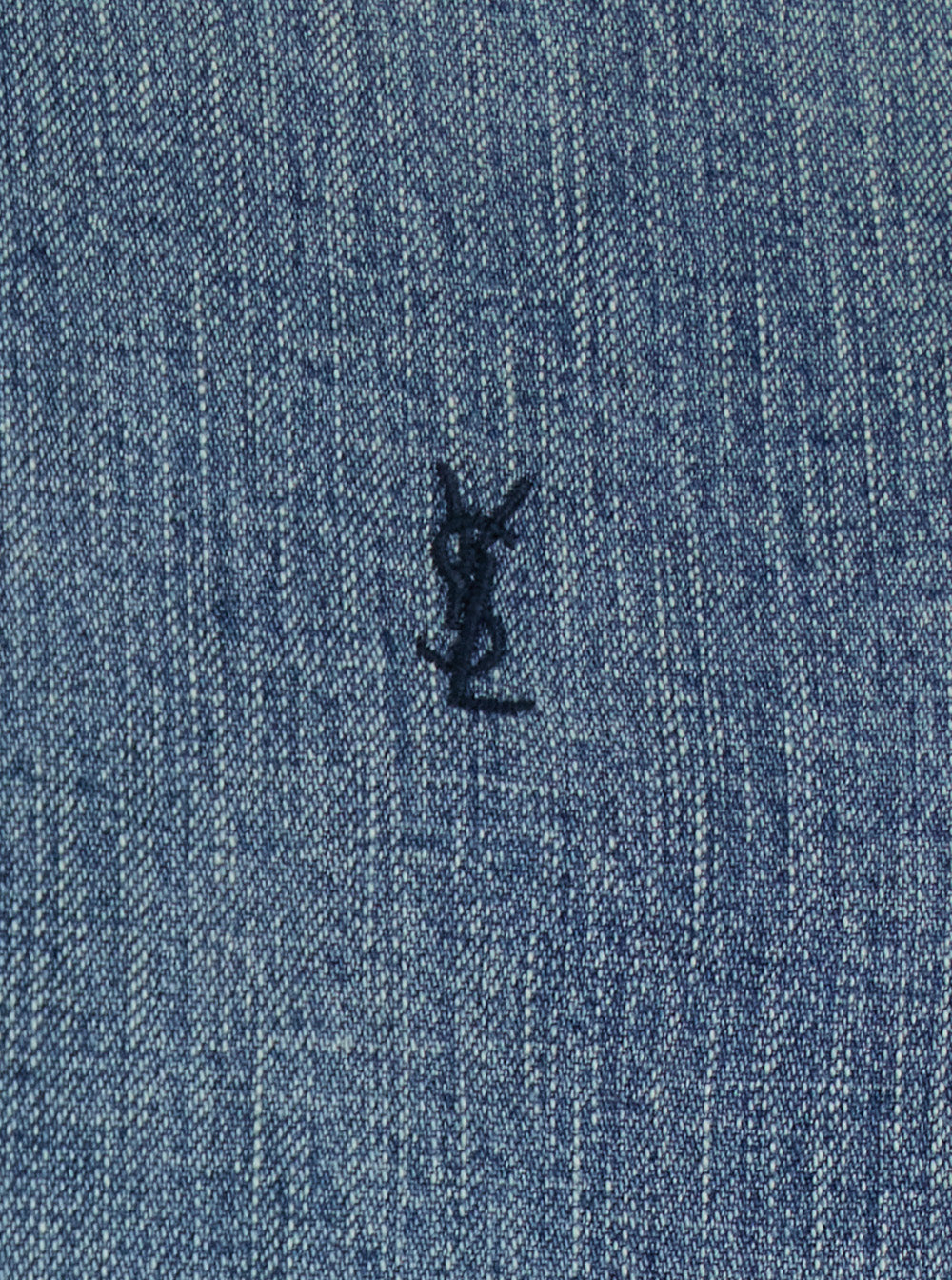 Saint Laurent Men Shirt With Classic Collar And Cassandre Embroidery On The Front In Light Blue Denim For Men