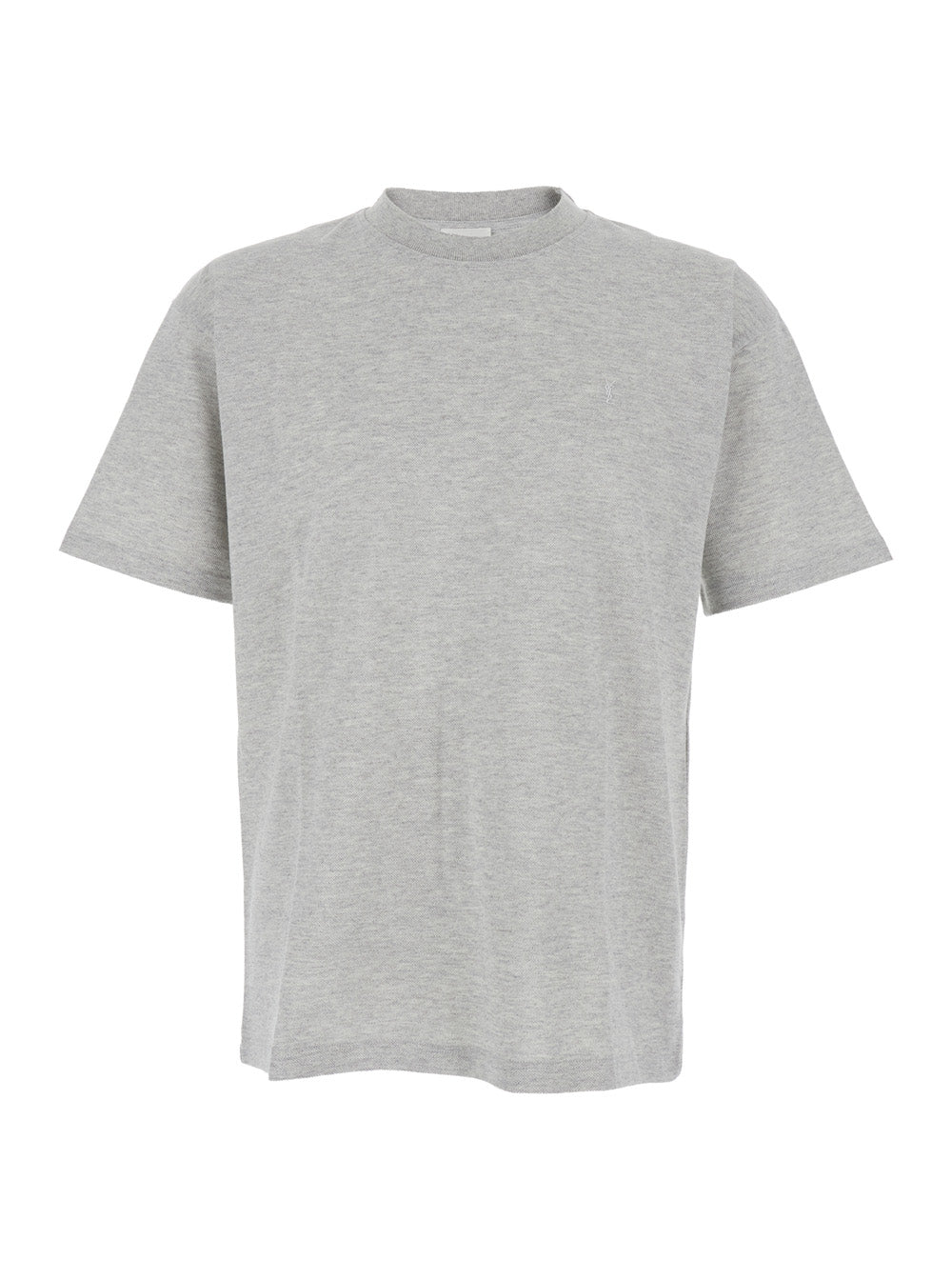 Saint Laurent Men Crew Neck T-Shirt With Cassandre Embroidery In Grey Cotton For Men