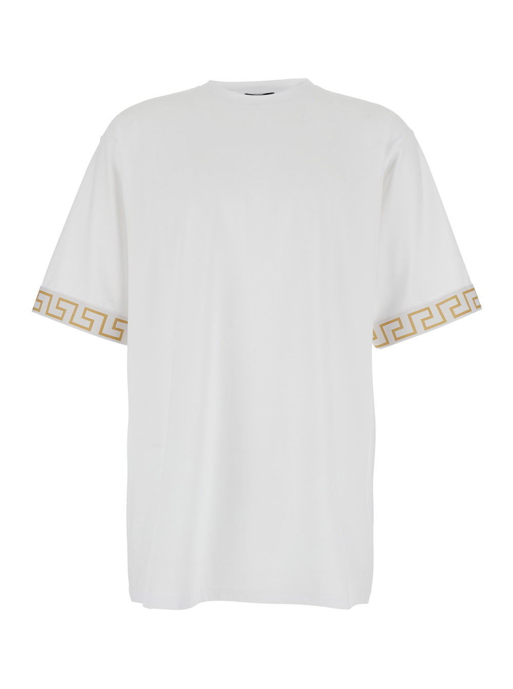 Versace Men Crew Neck T-Shirt With Greca Motif On The Sleeves In Tech Fabric White Men