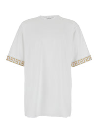 Versace Men Crew Neck T-Shirt With Greca Motif On The Sleeves In Tech Fabric White Men