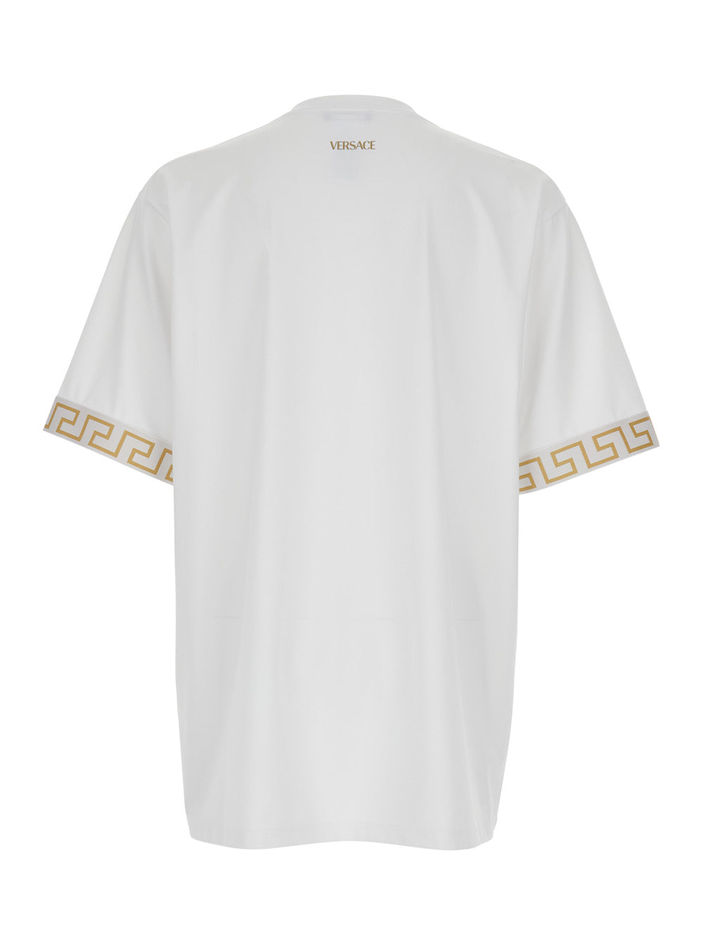 Versace Men Crew Neck T-Shirt With Greca Motif On The Sleeves In Tech Fabric White Men