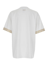 Versace Men Crew Neck T-Shirt With Greca Motif On The Sleeves In Tech Fabric White Men