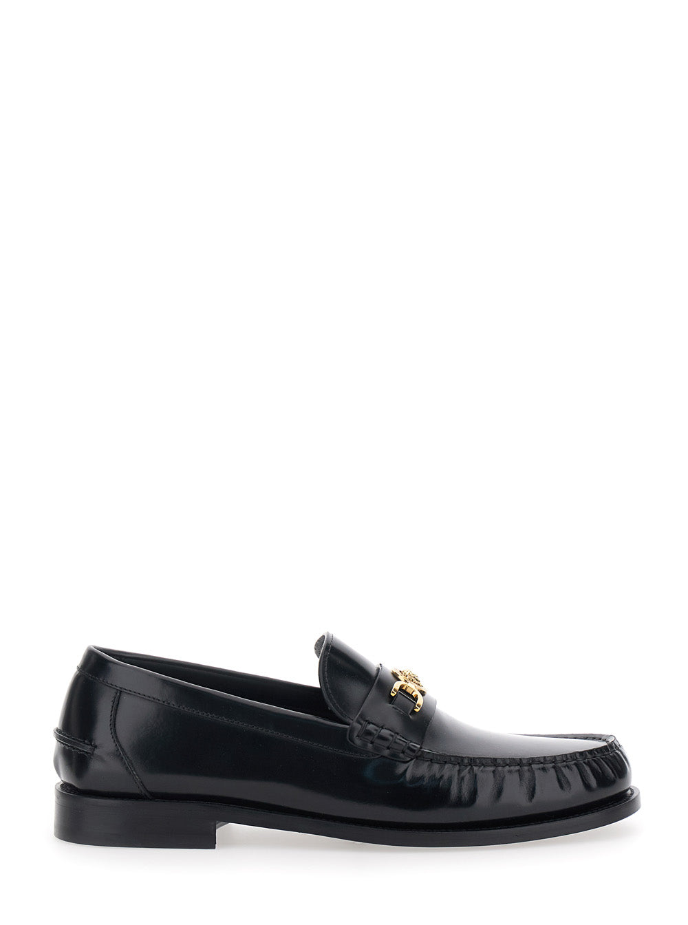 Versace Men Loafers With Metallic Medusa Head Detail In Black Leather For Men