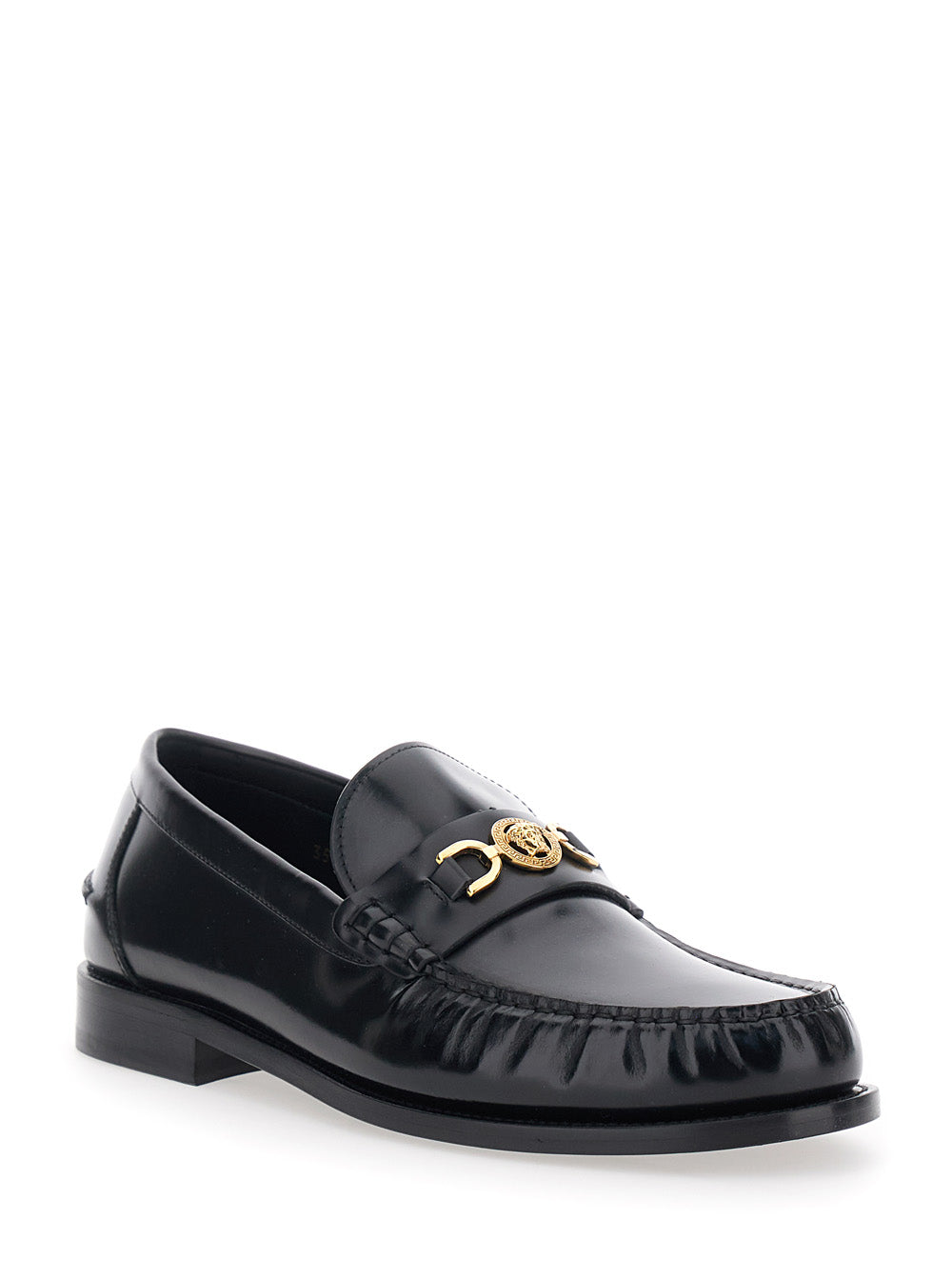 Versace Men Loafers With Metallic Medusa Head Detail In Black Leather For Men