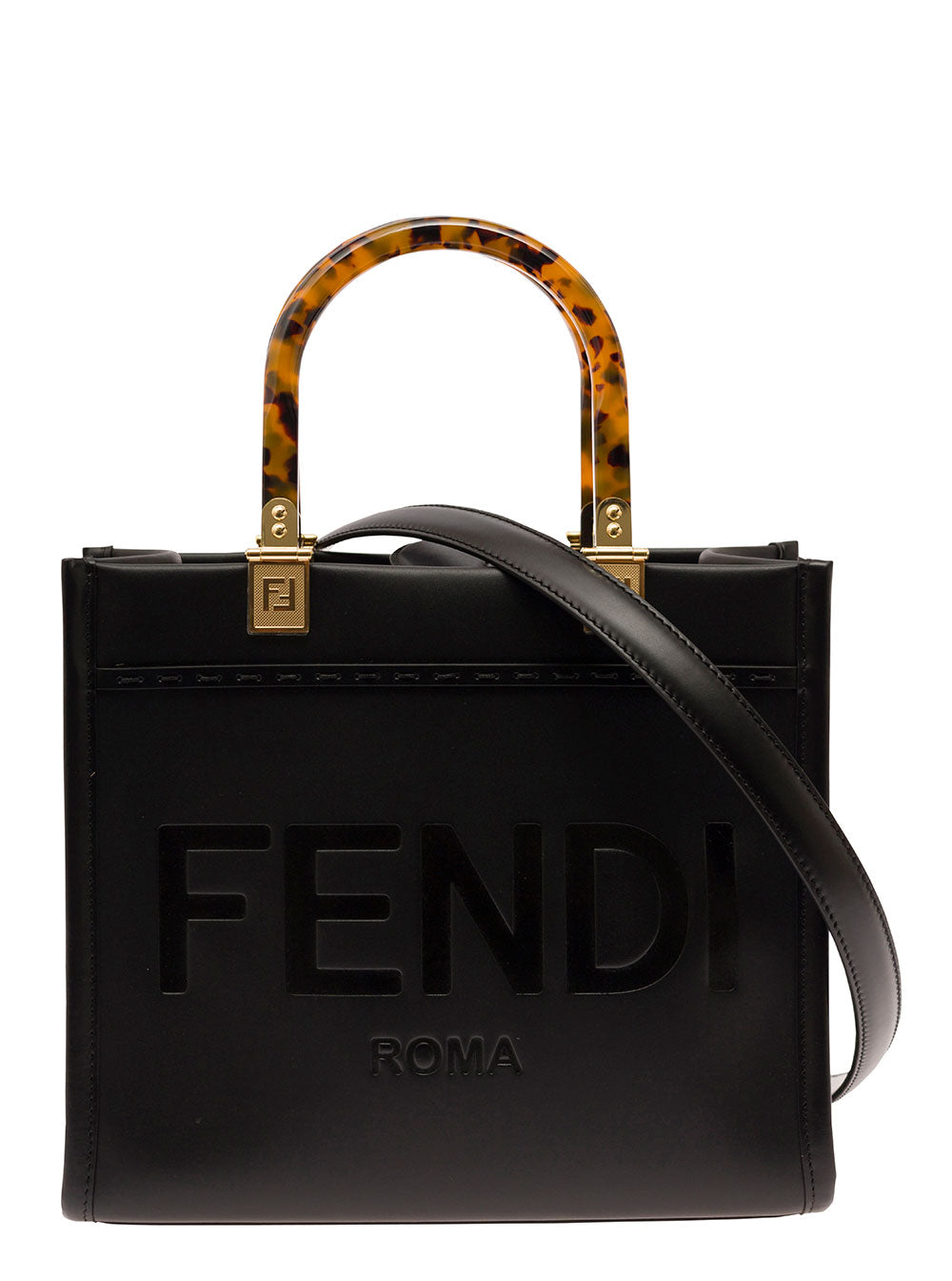 Fendi Women Tote Bag 'Sunshine Small' With Embossed Logo And Tortoiseshell Effect Handle In Black Leather For Women
