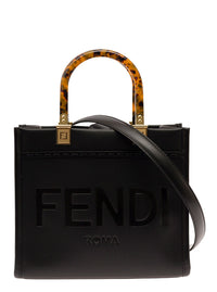 Fendi Women Tote Bag 'Sunshine Small' With Embossed Logo And Tortoiseshell Effect Handle In Black Leather For Women