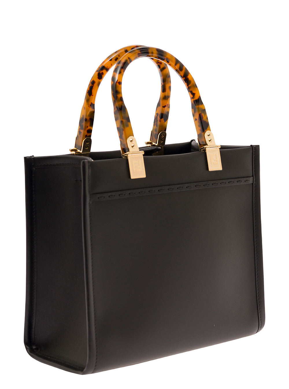 Fendi Women Tote Bag 'Sunshine Small' With Embossed Logo And Tortoiseshell Effect Handle In Black Leather For Women