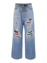 Amiri Men Light Blue Jeans With Ripped Details On The Front And Bow On The Waist In Denim For Men