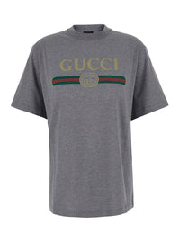 GUCCI Gucci Women Gray Crew Neck T-Shirt With Logo Print On The Front In Cotton For Women