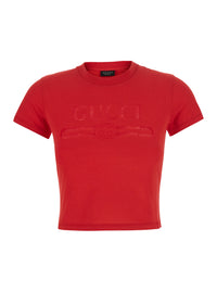 GUCCI Gucci Women Red Cropped T-Shirt With Tone-On-Tone Logo On The Front And Dropped Shoulders In Cotton For Women