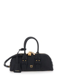 Pinko Women 'Bowling Horizontal' Black Handbag With Adjustable And Removable Shoulder Strap And Love Birds Plaque On The Front In Grained Leather For Women