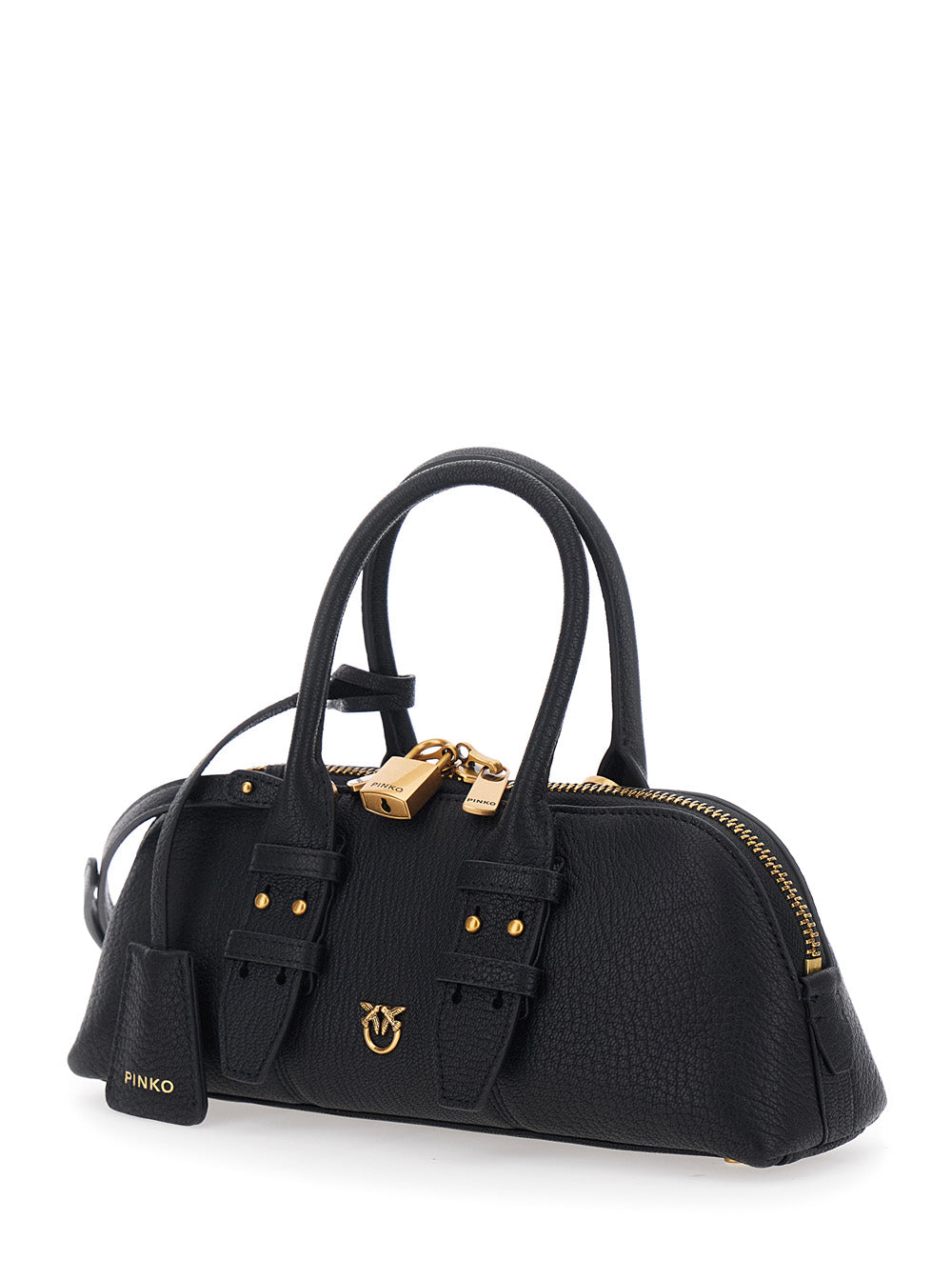 Pinko Women 'Bowling Horizontal' Black Handbag With Adjustable And Removable Shoulder Strap And Love Birds Plaque On The Front In Grained Leather For Women