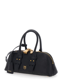Pinko Women 'Bowling Horizontal' Black Handbag With Adjustable And Removable Shoulder Strap And Love Birds Plaque On The Front In Grained Leather For Women